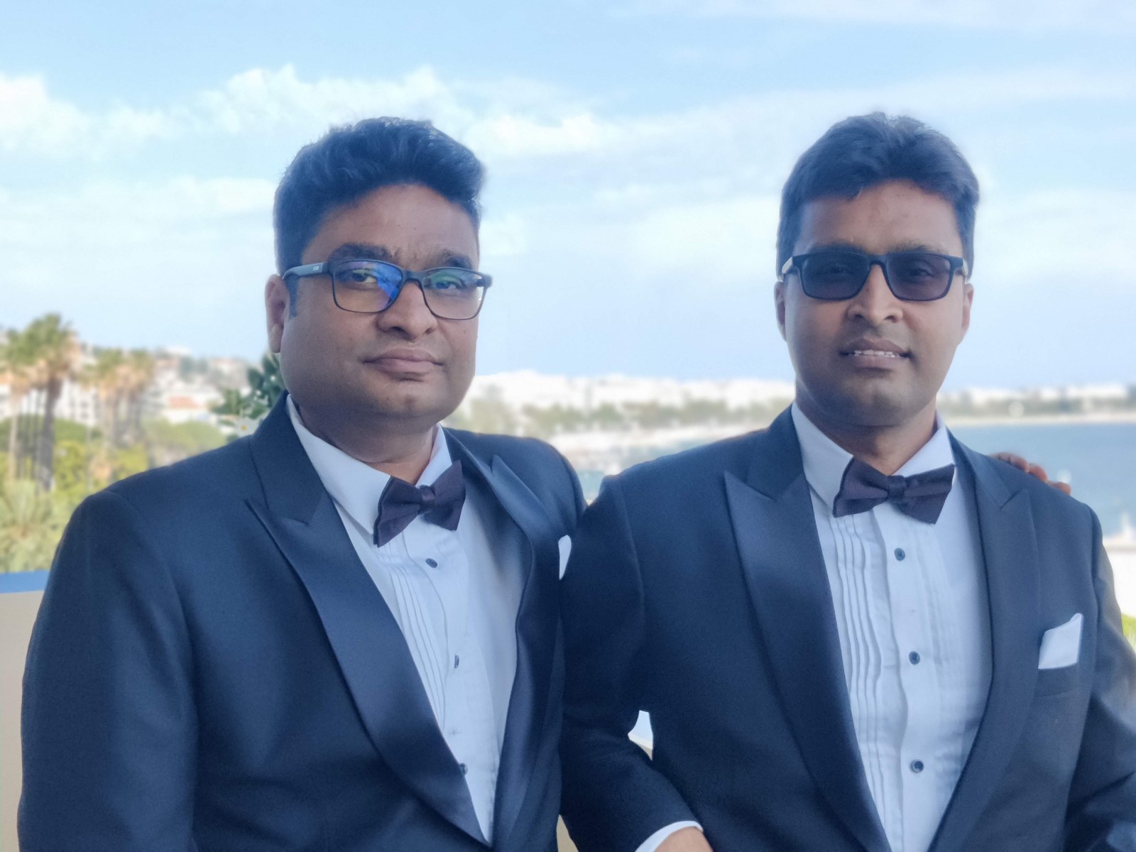 Founders Nadeem Shehzad and Mohammad Saud in tuxedos at the Cannes Film Festival for the premiere of All That Breathes