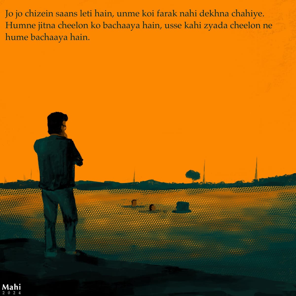 Nadeem gazing over the Yamuna at dusk — Hindi quote about saving kites